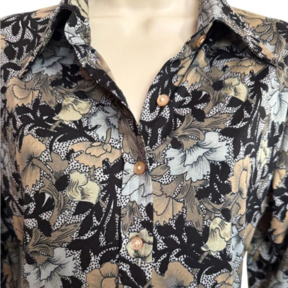 Rare 70s Vintage Brown, Black & Gray Floral Long Sleeve Button Down Top Size M - Picture 9 of 14